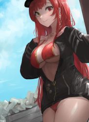 Rule 34 | bikini, black jacket, breasts, chan1moon, cleavage, cowboy shot, earrings, hand on own chest, heterochromia, highres, hololive, houshou marine, houshou marine (summer), jacket, jewelry, large breasts, long hair, necklace, no pants, red bikini, red hair, solo, swimsuit, tetrapod, thighs, underboob, virtual youtuber