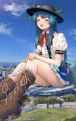 Rule 34 | 1girl, absurdres, black hat, blue hair, blue skirt, blush, boots, brown footwear, buttons, center frills, closed eyes, collared shirt, commission, cross-laced footwear, food, frilled skirt, frills, fruit, giant, giantess, hair between eyes, hat, highres, hinanawi tenshi, lace-up boots, long hair, open mouth, panties, panty pull, peach, pee, peeing, puffy short sleeves, puffy sleeves, shirt, short sleeves, signature, skeb commission, skirt, smile, solo, touhou, underwear, welt (kinsei koutenkyoku), white panties, white shirt