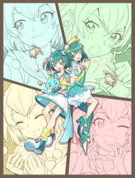 Rule 34 | 2girls, :d, :o, ^ ^, absurdres, antennae, aqua eyes, aqua hair, back-to-back, boots, closed eyes, closed mouth, commentary, cure milky, drawing, dress, dual persona, earrings, eating, food, hagoromo lala, hair ornament, hairband, heart, heart hair ornament, heart hands, heart print, high heels, highres, holding, holding food, jewelry, looking at viewer, loose socks, magical girl, multicolored hair, multiple girls, onigiri, open mouth, pink hair, pointy ears, precure, prunce (precure), sailor collar, short hair, simple background, single leg pantyhose, smile, socks, star-shaped pupils, star (symbol), star color pen, star earrings, star hair ornament, star in eye, star twinkle precure, streaked hair, symbol-shaped pupils, symbol in eye, tugo, white background, white hair
