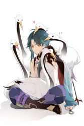 Rule 34 | 1boy, aqua hair, arm tattoo, asymmetrical clothes, bead necklace, beads, bird, blush, closed mouth, crane (animal), crossed legs, closed eyes, facial mark, forehead mark, genshin impact, gradient hair, heart, hei lang, highres, jewelry, male focus, multicolored hair, necklace, simple background, sitting, tattoo, white background, xiao (genshin impact), yellow eyes