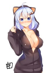 Rule 34 | 1girl, ahoge, black hoodie, black jacket, blue eyes, blue hair, breasts, cleavage, closed mouth, collarbone, commentary request, hair ornament, highres, hood, hooded jacket, hoodie, jacket, kizuna akari, large breasts, long sleeves, looking at viewer, minase nagi, short hair, simple background, smile, solo, voiceroid, white background