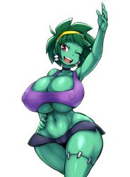 Rule 34 | 1girl, arm up, blue shorts, breasts, cleavage, colored skin, covered erect nipples, earrings, female focus, green hair, green skin, hairband, headband, highres, jadf, jewelry, looking at viewer, midriff, navel, one eye closed, open mouth, red eyes, rottytops, shantae (series), short hair, shorts, simple background, skull earrings, solo, standing, thick thighs, thighs, white background, wink, yellow hairband, zombie