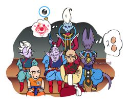 Rule 34 | 10s, 6+boys, bald, beerus, black hair, cream, crossed arms, dougi, dragon ball, dragon ball super, dragonball z, earrings, egg, egyptian clothes, eyelashes, food, fruit, ice cream, jewelry, kaioushin, kuririn, long sleeves, looking at another, male focus, mohawk, multiple boys, nervous, pointy ears, potara earrings, rou kaioushin, serious, simple background, sitting, staff, strawberry, sweatdrop, tail, tenshinhan, thought bubble, twitter username, whis, white background, wristband