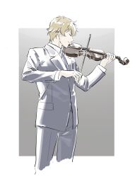Rule 34 | 1boy, belt, belt buckle, black belt, black jacket, black pants, black suit, blonde hair, buckle, business suit, character request, closed eyes, closed mouth, collared shirt, commentary request, formal, graham aker, grey background, grey necktie, gundam, gundam 00, hair between eyes, highres, holding, holding instrument, holding violin, instrument, jacket, lapels, long sleeves, music, nanao parakeet, necktie, open clothes, open jacket, outside border, pants, playing instrument, shirt, short hair, solo, suit, two-tone background, very short hair, violin, white background, white shirt