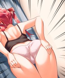 Rule 34 | 1girl, ass, ass grab, bare arms, black camisole, breasts, camisole, cleavage, crop top, curtains, dutch angle, emphasis lines, grabbing own ass, hair ribbon, hand on own ass, highres, hololive, houshou marine, indoors, izumida fuyuki, leaning forward, legs together, long hair, medium breasts, midriff, mirror, panties, pink panties, red ribbon, reflection, ribbon, solo, standing, sweatdrop, thigh gap, thighs, twintails, underwear, underwear only, virtual youtuber
