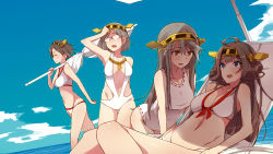 Rule 34 | 10s, 4girls, :d, adapted costume, ahoge, beach, beach chair, bikini, blue eyes, blush, breasts, brown eyes, brown hair, cleavage, day, glasses, hairband, haruna (kancolle), hiei (kancolle), highres, kantai collection, kirishima (kancolle), kongou (kancolle), large breasts, long hair, maze (gochama ze gohan), multiple girls, navel, one-piece swimsuit, opaque glasses, open mouth, personification, ribbon trim, short hair, smile, swimsuit, white bikini, white one-piece swimsuit