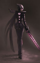Rule 34 | 1girl, absurdres, alternate costume, alternate hair color, artist request, ass, back, dark background, fiora (league of legends), glowing, glowing weapon, highres, league of legends, looking back, solo, sword, visor, weapon