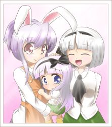 Rule 34 | 3girls, animal ears, apron, arms behind back, ascot, blouse, blue eyes, blush, closed eyes, couple, gradient background, green skirt, hairband, hinate, holding, if they mated, konpaku youmu, long hair, long sleeves, mother and daughter, multiple girls, pink background, pocket, purple hair, rabbit ears, red eyes, reisen udongein inaba, ribbon, shirt, short hair, short sleeves, silver hair, skirt, smile, touhou, yuri