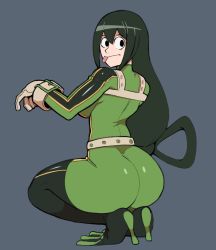 Rule 34 | 1girl, ass, asui tsuyu, black eyes, black hair, bodysuit, boku no hero academia, breasts, frog girl, from behind, gloves, green bodysuit, grey background, large breasts, long hair, looking at viewer, looking back, ragingbarbarians, solo, squatting, thighhighs, tongue, tongue out