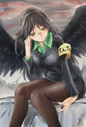 Rule 34 | 1girl, armband, arms behind back, bed, bespectacled, black hair, brown eyes, contemporary, dress shirt, formal, glasses, jacket, looking at viewer, on bed, pantyhose, pencil skirt, reiuji utsuho, shirt, sitting, skirt, skirt suit, smile, solo, suit, touhou, yohane