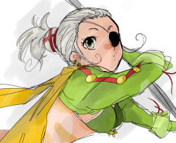 Rule 34 | 1girl, alfa system, breasts, brown eyes, eyepatch, female focus, gradient background, hokkaitei, qq selesneva, scarf, silver hair, solo, tales of (series), tales of innocence, upper body, weapon, white background