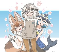 Rule 34 | 3girls, animal ear fluff, animal ears, aqua eyes, aqua hair, arms behind back, bare arms, bare shoulders, behind another, blowhole, blush, bow, bowtie, brown hair, cetacean tail, claw pose, closed eyes, common dolphin (kemono friends), dhole (kemono friends), dog ears, dog girl, dog tail, dolphin girl, dorsal fin, dress, facing viewer, fang, fangs, fins, fish tail, flying sweatdrops, glasses, gloves, grey eyes, grey hair, hair between eyes, hand up, head fins, height difference, highres, japari symbol, kemono friends, kemono friends 3, leaning to the side, leggings, long sleeves, looking at viewer, medium hair, meerkat (kemono friends), meerkat ears, meerkat tail, multicolored hair, multiple girls, nervous smile, open mouth, parted lips, shirt, short dress, skirt, sleeveless, sleeveless dress, sleeveless shirt, smile, sweater, tail, tamurambo, white hair