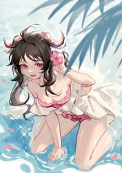 Rule 34 | 1girl, :d, arknights, bare shoulders, bikini, black hair, commentary request, eyjafjalla (arknights), eyjafjalla (summer flower) (arknights), flower, highres, horns, long hair, looking at viewer, mosi l, off-shoulder bikini, off shoulder, official alternate costume, open mouth, pink bikini, pink eyes, pink flower, sheep horns, short sleeves, smile, solo, swimsuit, thighs