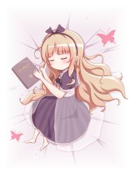 Rule 34 | 1girl, barefoot, bed sheet, black bow, black dress, black hairband, blush, book, bow, brown hair, bug, butterfly, closed eyes, dress, full body, goth risuto, hair bow, hairband, hands up, highres, insect, long hair, lying, on side, original, puffy short sleeves, puffy sleeves, short sleeves, sleeping, solo, very long hair