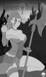 Rule 34 | 1girl, absurdres, artist name, bandaged arm, bandages, bare shoulders, breasts, darkayzek, darkest dungeon, facepaint, glaive (polearm), hand up, hellion (darkest dungeon), high ponytail, highres, holding, holding weapon, jewelry, medium breasts, monochrome, multiple scars, necklace, off shoulder, polearm, scar, solo, thighs, weapon