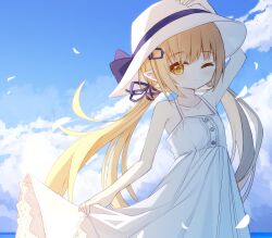 Rule 34 | 1girl, arm up, bare arms, bare shoulders, blue bow, blue ribbon, blue sky, bow, breasts, cloud, cloudy sky, collarbone, day, dress, hair ornament, hair ribbon, hairclip, hand on headwear, hat, hat bow, horizon, long hair, looking at viewer, low twintails, ocean, one eye closed, original, outdoors, pointy ears, ribbon, sky, sleeveless, sleeveless dress, small breasts, solo, squirrel girl (yuuhagi (amaretto-no-natsu)), twintails, very long hair, water, white dress, white hat, yellow eyes, yuuhagi (amaretto-no-natsu)