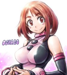 Rule 34 | 10s, 1girl, amania orz, bare shoulders, bodysuit, boku no hero academia, breasts, brown eyes, brown hair, detached sleeves, gradient background, impossible clothes, large breasts, shiny clothes, short hair, sidelocks, smile, solo, text focus, uraraka ochako