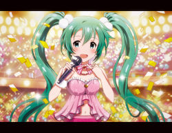Rule 34 | 1girl, black border, blush, border, bow, bowtie, character name, chocolat., concert, confetti, earrings, female focus, green hair, hatsune miku, jewelry, letterboxed, long hair, microphone, music, navel, necklace, open mouth, orange background, ring, singing, solo, stage lights, star (symbol), starry background, tareme, twintails, very long hair, vocaloid, yellow background