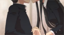 Rule 34 | 1boy, 1girl, black hair, blush, fake screenshot, female protagonist (houkago play), height difference, hetero, highres, hime cut, holding hands, houkago play, image sample, kiss, long hair, maru (314), pixiv sample, resized