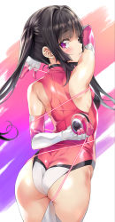 Rule 34 | 1girl, ass, black hair, blunt bangs, blush, breasts, butt crack, elbow gloves, from behind, gloves, highres, leotard, long hair, looking at viewer, looking back, nagayori, parted lips, pink eyes, pink leotard, senki zesshou symphogear, shiny clothes, shiny skin, skin tight, small breasts, solo, standing, thighhighs, tsukuyomi shirabe, twintails, white thighhighs, yo-yo
