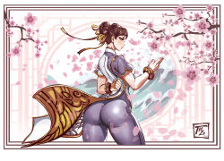 Rule 34 | 1girl, absurdres, arm behind back, ass, blue bodysuit, blue dress, bodysuit, bodysuit under clothes, bracelet, breasts, brown eyes, brown hair, capcom, cherry blossoms, china dress, chinese clothes, chun-li, clenched hand, commentary, double bun, dress, earrings, english commentary, eyeliner, fighting stance, fingernails, hair bun, hair ribbon, hamza touijri, highres, jewelry, kung fu, large breasts, looking at viewer, mature female, multicolored clothes, multicolored dress, petals, red eyeliner, red lips, ribbon, seamed legwear, short hair, solo, street fighter, street fighter 6, stud earrings, thick thighs, thighs, tight clothes, white dress, yellow ribbon