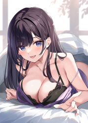 Rule 34 | 1girl, :d, black bra, black hair, blue eyes, blush, bra, breasts, camisole, cleavage, highres, large breasts, long hair, looking at viewer, lying, on stomach, open mouth, original, oryo (oryo04), purple camisole, smile, solo, strap slip, underwear