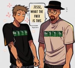 Rule 34 | 2boys, absurdres, animification, arm tattoo, black headwear, black shirt, breaking bad, brown hair, commentary, ear piercing, english commentary, english text, facial hair, flying sweatdrops, glasses, hat, highres, huyandere, jesse pinkman, jewelry, male focus, multiple boys, multiple rings, periodic table, piercing, profanity, ring, shirt, short sleeves, simple background, smile, sparkle, speech bubble, stubble, sweat, t-shirt, tattoo, walter white, white shirt