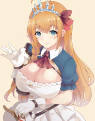 Rule 34 | 1girl, absurdres, blue eyes, blush, braid, breasts, cleavage, cleavage cutout, clothing cutout, collar, commentary request, crown, frills, gloves, hair between eyes, half gloves, hand up, highres, large breasts, light blush, long hair, looking at viewer, neckerchief, orange hair, pecorine (princess connect!), princess connect!, red neckerchief, ryuu., short sleeves, side braid, sidelocks, simple background, single braid, smile, solo, split mouth, upper body, waving, white collar, white gloves, yellow background