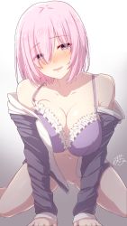 Rule 34 | 1girl, :d, all fours, bad id, bad pixiv id, bare shoulders, blush, bottomless, bra, breasts, cleavage, collarbone, commentary request, eyes visible through hair, fate/grand order, fate (series), frilled bra, frills, gluteal fold, gradient background, grey background, hair over one eye, head tilt, highres, large breasts, long sleeves, looking at viewer, mash kyrielight, navel, nose blush, off shoulder, open mouth, partially visible vulva, pink hair, purple bra, purple eyes, ramchi, short hair, signature, smile, solo, underwear