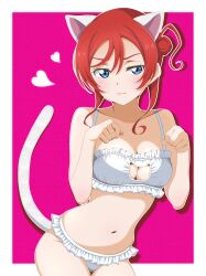Rule 34 | 1girl, animal ears, bare shoulders, blue eyes, border, bra, breasts, cat ears, cat lingerie, cat tail, cleavage, closed mouth, collarbone, commentary request, frilled bra, frilled panties, frills, hair bun, heart, highres, looking at viewer, love live!, love live! superstar!!, medium breasts, medium hair, meme attire, midriff, navel, outside border, panties, paw pose, pink background, red hair, sidelocks, single side bun, solo, tail, underwear, upper body, v-shaped eyebrows, white border, white bra, white panties, yoneme mei, yukiha (hat731919)