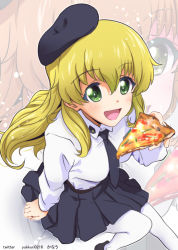 Rule 34 | 10s, 1girl, :d, artist name, bad id, bad pixiv id, beret, black footwear, black necktie, black skirt, blonde hair, blush, carpaccio (girls und panzer), dress shirt, emblem, food, from above, girls und panzer, green eyes, hair between eyes, hat, holding, kanau, loafers, long hair, long sleeves, looking at viewer, looking up, miniskirt, necktie, open mouth, pantyhose, pizza, pleated skirt, school uniform, shirt, shoes, sitting, skirt, smile, solo, twitter username, white pantyhose, white shirt, zoom layer