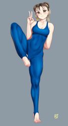 Rule 34 | 1girl, arm behind back, blue bodysuit, blue vest, blush, bodysuit, breasts, brown eyes, brown hair, capcom, chun-li, collarbone, commentary, covered abs, covered navel, english commentary, finalcake, flexible, full body, grey background, hair ribbon, highres, light smile, looking at viewer, medium breasts, ribbon, shoes, signature, sleeveless, solo, standing, standing on one leg, stirrup legwear, street fighter, street fighter zero (series), thick thighs, thighs, tiptoes, toeless legwear, toes, v, vest