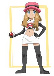 Rule 34 | 1girl, alternate costume, black footwear, black gloves, blue eyes, boots, brown hair, closed mouth, commentary request, cosplay, creatures (company), cropped jacket, elbow gloves, eyelashes, full body, game freak, gloves, hainchu, hand on own hip, hat, hat ribbon, highres, holding, holding poke ball, jacket, jessie (pokemon), jessie (pokemon) (cosplay), logo, long hair, nintendo, pink hat, poke ball, poke ball (basic), pokemon, pokemon (anime), pokemon xy (anime), ribbon, serena (pokemon), skirt, smile, solo, standing, team rocket, team rocket uniform, thigh boots, white jacket, white skirt