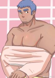 Rule 34 | 1boy, akiyama (aki11018655), bara, bare pectorals, black eyes, blue hair, clothes pull, dark-skinned male, dark skin, facial hair, goatee stubble, large pectorals, long sideburns, looking to the side, male focus, male underwear, mature male, muscular, muscular male, original, pectorals, pink background, shirt pull, short hair, sideburns, sideways glance, solo, stomach, stubble, thick eyebrows, underwear, undressing, upper body, yellow male underwear