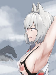 Rule 34 | 1girl, animal ears, armpits, breasts, closed mouth, cloud, cloudy sky, commission, hand on own head, heterochromia, highres, looking away, medium breasts, medium hair, nipples, open clothes, original, profile, red eyes, silver hair, sky, solo, sweatdrop, tewaki, tongue, tongue out, underwear, yellow eyes