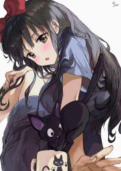 Rule 34 | 1girl, :o, aged up, alternate hair length, alternate hairstyle, animal, black cat, black dress, black hair, blush, bow, breasts, brown eyes, cat, coffee mug, cup, dress, from behind, hair bow, highres, jiji (majo no takkyuubin), kiki (majo no takkyuubin), knees up, long hair, looking at viewer, looking back, majo no takkyuubin, medium breasts, mug, open mouth, red bow, saya (mychristian2), short sleeves, signature, simple background, sitting, very long hair, white background
