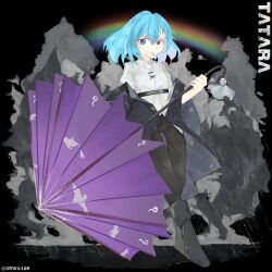 Rule 34 | 0rwk12s, 1girl, black background, blue eyes, blue hair, boots, character name, commentary, full body, heterochromia, highres, holding, holding umbrella, looking at viewer, purple umbrella, rainbow, red eyes, shirt, simple background, solo, tatara kogasa, tongue, tongue out, touhou, twitter username, umbrella, white shirt