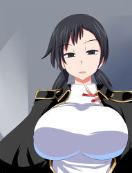 Rule 34 | 10s, 1girl, black eyes, black hair, breasts, china dress, chinese clothes, devil survivor, devil survivor 2, dress, highres, huge breasts, jacket, kanno fumi, long hair, looking at viewer, ourakutei, serious, simple background, solo, standing, twintails