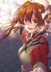 Rule 34 | 1girl, alternate costume, between breasts, blurry, blurry background, blush, breasts, breath, brown eyes, brown hair, green sweater, hair between eyes, highres, kantai collection, long hair, long sleeves, medium breasts, open mouth, plaid, pointing, pom pom (clothes), pov, sidelocks, snowing, solo, strap between breasts, sweater, tone (kancolle), twintails, upper body, yami (m31)