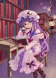Rule 34 | 1girl, ama-tou, arm support, bespectacled, book, bookshelf, boots, capelet, chair, crescent, cross-laced footwear, curly hair, dress, female focus, glasses, hand in own hair, hat, lace-up boots, lamp, lantern, library, long hair, open book, patchouli knowledge, pink dress, purple eyes, purple hair, reading, sitting, solo, table, touhou, voile