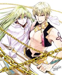 Rule 34 | 2boys, androgynous, arabian clothes, axe, blonde hair, blue eyes, chain, chain, copyright name, cropped vest, earrings, enkidu (fate), enkidu (weapon) (fate), fate/grand order, fate (series), gilgamesh (fate), gilgamesh (caster) (fate), gold chain, green eyes, green hair, highres, jewelry, koji-bread, long hair, looking at viewer, male focus, multiple boys, red eyes, topless male, vest, weapon, white background