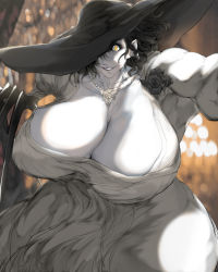 Rule 34 | 1girl, absurdres, alcina dimitrescu, black flower, black rose, breasts, claws, cleavage, corsage, dress, flower, hat, highres, huge breasts, jewelry, jin-jin, lipstick, makeup, mature female, muscular, muscular female, necklace, pale skin, pearl necklace, plump, resident evil, resident evil village, rose, solo, sun hat, yellow eyes