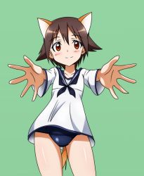 Rule 34 | 1girl, animal ears, brown eyes, brown hair, collarbone, incoming hug, military, military uniform, miyafuji yoshika, outstretched arms, school swimsuit, short hair, simple background, smile, solo, strike witches, swimsuit, swimsuit under clothes, tail, uniform, world witches series, yumekaranigeruna
