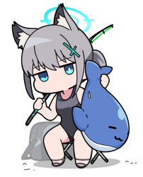Rule 34 | 1girl, animal ear fluff, animal ears, blue archive, blue eyes, chibi, fishing line, fishing rod, full body, grey footwear, grey hair, hair between eyes, halo, holding, holding fishing rod, inflatable toy, inflatable whale, nyaru (nyaru 4126), ponytail, sandals, shadow, shiroko (blue archive), shiroko (swimsuit) (blue archive), sidelocks, simple background, sitting, solo, white background