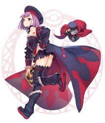 Rule 34 | 1girl, asymmetrical bangs, beret, black footwear, black thighhighs, blush, boots, closed mouth, coat, fate (series), hat, helena blavatsky (fate), helena blavatsky (third ascension) (fate), highres, holding, knee boots, looking at viewer, looking back, open clothes, open coat, purple hair, shirabi, short hair, smile, solo, thighhighs, thighs