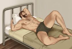 Rule 34 | 1boy, 5i2, abs, bara, beard, bed, boxer briefs, call of duty, call of duty: modern warfare 2, captain price, chest hair, closed eyes, facial hair, green male underwear, highres, large pectorals, lying, male focus, male underwear, mature male, muscular, muscular male, navel, nipples, on back, on bed, pectorals, pillow, sleeping, solo, thick thighs, thighs, topless male, twitter username, underwear