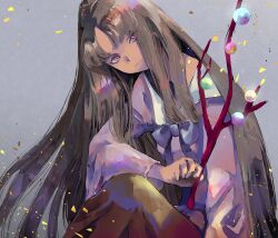 Rule 34 | 1girl, absurdres, arm on knee, black hair, blue bow, blue bowtie, blunt bangs, bow, bowtie, branch, closed mouth, collar, collared shirt, commentary, frown, grey background, highres, hime cut, holding, holding branch, houraisan kaguya, jeweled branch of hourai, knee up, long hair, long sleeves, looking at viewer, parted bangs, pink eyes, pink shirt, ranko no ane, red skirt, shirt, sidelocks, sitting, skirt, straight hair, touhou, very long hair, wavy mouth, white collar, wide sleeves