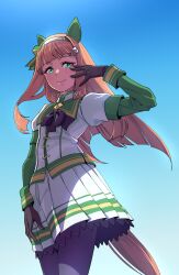 Rule 34 | 1girl, animal ears, arm at side, black gloves, black pantyhose, bow, bowtie, closed mouth, ear covers, flat chest, floating hair, gloves, gradient background, green eyes, hairband, hand up, highres, horse ears, horse girl, horse tail, jacket, long sleeves, looking at viewer, nukosann, orange hair, pantyhose, pleated skirt, silence suzuka (umamusume), skirt, smile, solo, tail, twitter username, umamusume, water, white skirt, wind