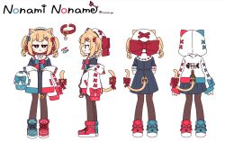 Rule 34 | 1girl, :3, animal ears, asymmetrical footwear, beret, black eyes, black pantyhose, blonde hair, blue bow, blue dress, blue footwear, blush, bow, cat ears, cat tail, character name, closed mouth, clothing cutout, collar, commentary request, dress, hair bow, hand up, hat, highres, hikimayu, hood, hood down, hood up, hooded jacket, jacket, jacket partially removed, jitome, long sleeves, medium hair, mismatched footwear, multiple hair bows, multiple views, nonami noname, nonami noname (character), open clothes, open jacket, original, pantyhose, paw print-shaped pupils, red bow, red collar, red footwear, ringlets, shoes, short dress, short sleeves, sidelocks, simple background, sleeves past fingers, sleeves past wrists, sneakers, tail, tail through clothes, turnaround, twintails, twitter username, white background, white hat, zipper