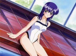 Rule 34 | 1990s (style), 1girl, ayasaki wakana, blue eyes, blue hair, blush, day, dutch angle, indoors, long hair, matching hair/eyes, non-web source, one-piece swimsuit, pool, poolside, retro artstyle, sentimental graffiti, sentimental graffiti 2, sitting, soaking feet, solo, swimsuit, tile floor, tiles, white one-piece swimsuit, window